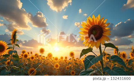 Golden hour field of sunflowers against a bright sky with fluffy clouds create beautiful sunset 132431600