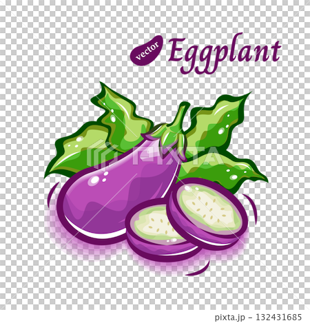 可愛くて瑞々しいナスに輪切りや葉を組み合わせたポップなイラスト 可愛くて瑞々しいナスに輪切りや葉を組み合わせたポップなイラスト 132431685