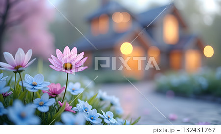 Dreamy suburban landscape with pastel blooms and cozy home light creating a tranquil spring scene Dreamy suburban landscape with pastel blooms and cozy home light creating a tranquil spring scene 132431767