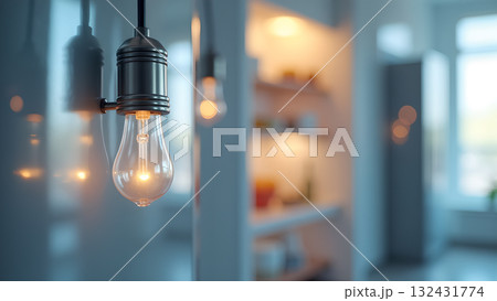 Illuminated vintage style light bulb hanging with ambient kitchen background creates a modern Illuminated vintage style light bulb hanging with ambient kitchen background creates a modern 132431774