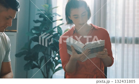 Top view of smart prayers reading bible while making folded hands. Symposium. 132431805