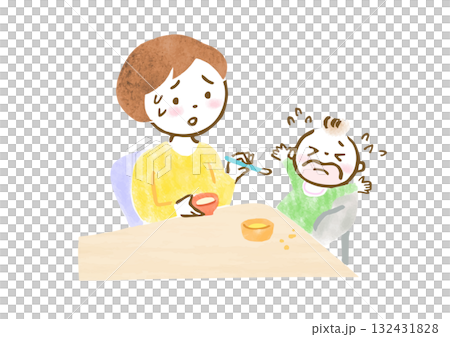 離乳食を食べさせるお母さんと嫌がって泣く赤ちゃんのイラスト 132431828
