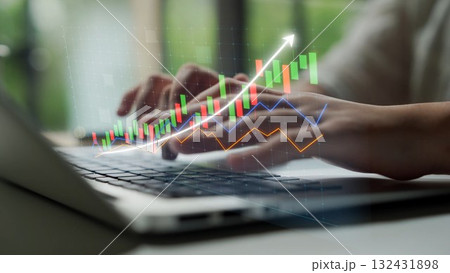 Business professional analyzing financial data trends using modern laptop with colorful graph overlays and digital interfaces in contemporary office setting Copula Business professional analyzing financial data trends using modern laptop with colorful graph overlays and digital interfaces in contemporary office setting Copula 132431898
