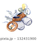 Watercolor baby composition with shoes, rattle and pacifier 132431900