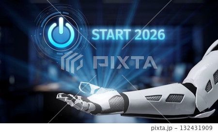 Futuristic Robot Arm with Power Symbol and Year 2026, Symbolizing Technology Advancement and Automation in Digital Era Synapse 132431909