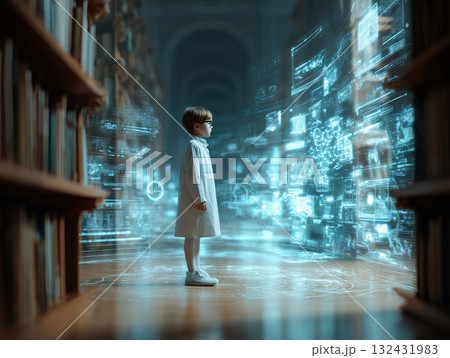 Young student holographic interface in futuristic library exploring glowing digital archives with wonder and focus 132431983