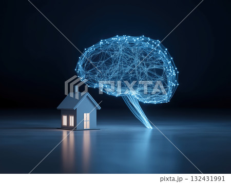 Smart home connected to glowing neural network...のイラスト素材 [132431991 ...