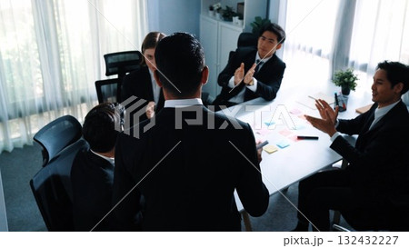 Top view of team present project and turn around to clap hands. Directorate. Top view of team present project and turn around to clap hands. Directorate. 132432227