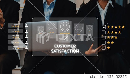 Business Professionals Analyzing Customer Satisfaction Feedback with Graphical Ratings Displayed on Laptop Screen in Modern Office Environment. Raster Business Professionals Analyzing Customer Satisfaction Feedback with Graphical Ratings Displayed on Laptop Screen in Modern Office Environment. Raster 132432235