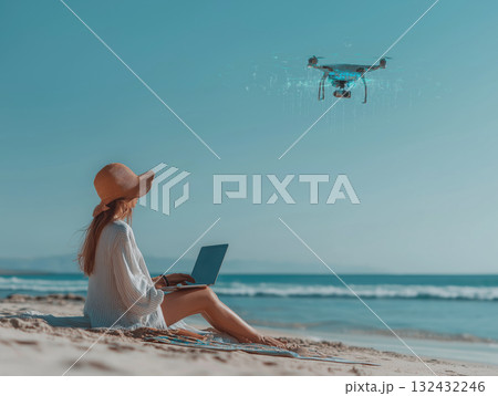 Digital nomad beach laptop drone remote work coastal lifestyle relaxed sunny travel freedom Digital nomad beach laptop drone remote work coastal lifestyle relaxed sunny travel freedom 132432246