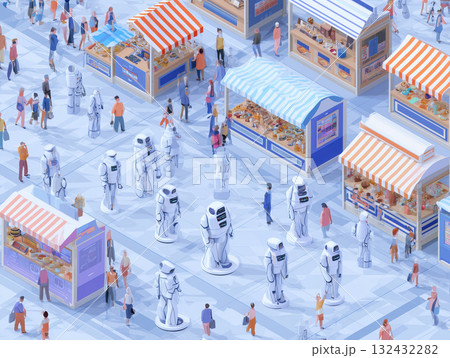 Futuristic marketplace with humanoid robots assisting shoppers among food stalls, lively crowd, soft pastel lighting, optimistic urban scene 132432282