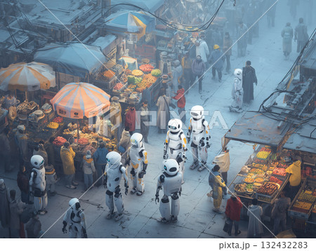 Futuristic city marketplace with robots walking among vendors selling fruit and vegetables, atmospheric lighting and crowded street life Futuristic city marketplace with robots walking among vendors selling fruit and vegetables, atmospheric lighting and crowded street life 132432283