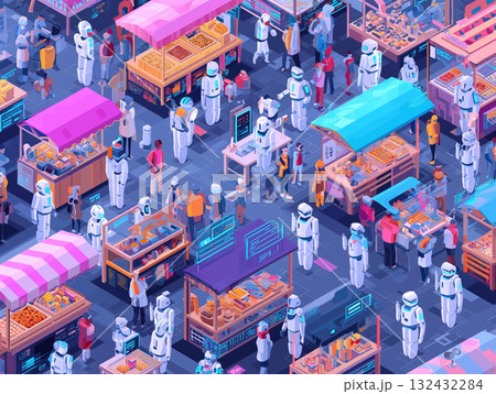 Futuristic city marketplace with robots assisting shoppers, colorful stalls, digital displays, diverse crowd enjoying urban market atmosphere Futuristic city marketplace with robots assisting shoppers, colorful stalls, digital displays, diverse crowd enjoying urban market atmosphere 132432284