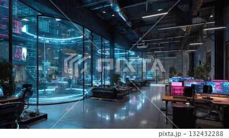 Futuristic coworking hub with holographic screens, neon lighting, glass pods and collaborative workstations conveying energetic high tech 132432288