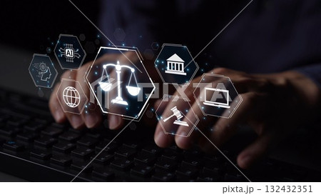 Digital law interface displaying justice scale, highlighting digital law Muxer Digital law interface displaying justice scale, highlighting digital law Muxer 132432351