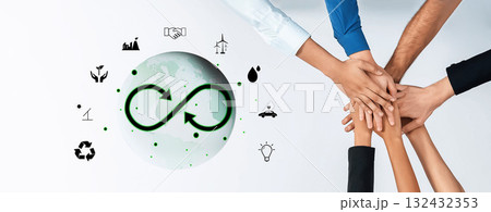 Diverse Hands Coming Together to Promote Sustainability and Environmental Awareness with Symbols of Renewable Energy and Recycling Trope Diverse Hands Coming Together to Promote Sustainability and Environmental Awareness with Symbols of Renewable Energy and Recycling Trope 132432353