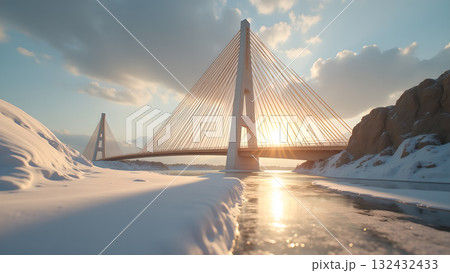 Majestic cable stayed bridge view amid snow covered landscape during golden hour creating serene 132432433