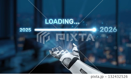 Futuristic Robot Hand Displaying Progress Bar with Loading Text from 2025 to 2026 Against a Cityscape Background at Night Synapse 132432526