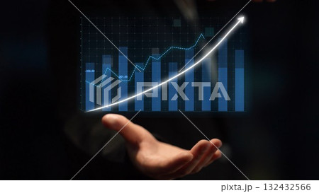Hand Reaching Out with Abstract Digital Chart Representing Growth and Improvement in Business Performance and Financial Success in Dark Background Copula 132432566