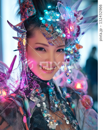 2100年をイメージした未来のトレンドヘアメイクスタイル（縦写真） 132432966