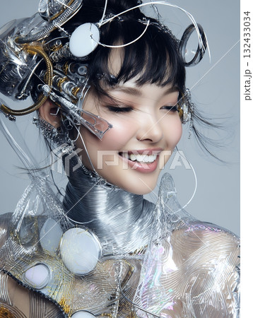 2100年をイメージした未来のトレンドヘアメイクスタイル（縦写真） 132433034