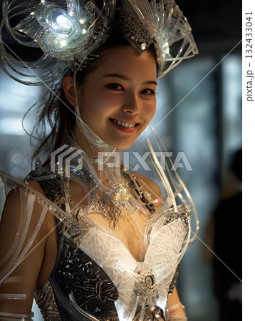 2100年をイメージした未来のトレンドヘアメイクスタイル（縦写真） 132433041