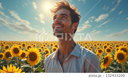 Man radiates joy amid sunflower sea basking in golden sunlight against a backdrop of azure sky 132433200