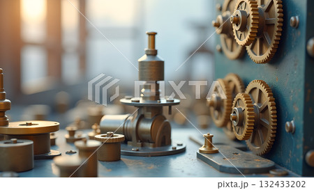 Intricate gears and industrial components creating a sense of complex system engineering machine 132433202