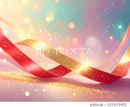 赤と金の光沢あるリボンが舞いグリッターが輝く高級感ある背景 132433402