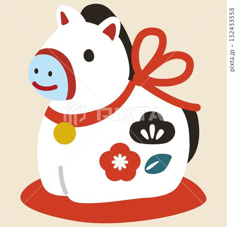 年賀2026　午年　年賀状素材　可愛い馬の土鈴と梅の花　シンプル　和風モダン　イラスト素材 132433558