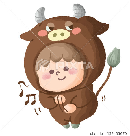 お遊戯会で牛の着ぐるみを着て踊っている子どものイラスト 132433670