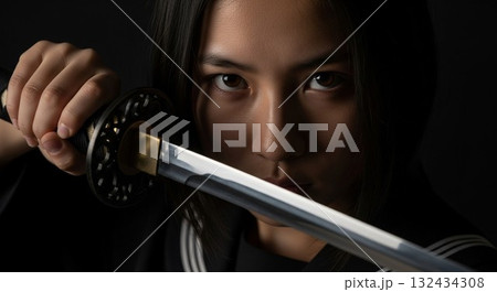 日本刀を構える日本人女子の鋭い眼光 132434308
