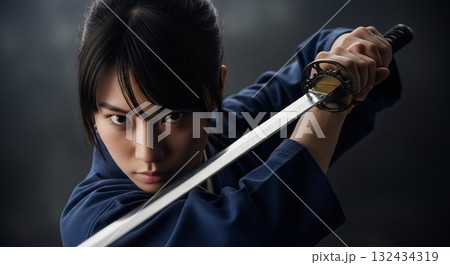 日本刀を構える日本人女子の鋭い眼光 132434319