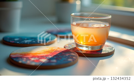 Refreshing orange beverage on artistic coasters basking in sunlit ambiance perfect for a relaxing 132434352