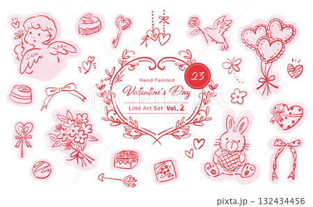 かわいいバレンタインの手書き線画ベクターイラストセット 132434456