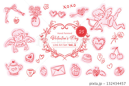 かわいいバレンタインの手書き線画ベクターイラストセット 132434457
