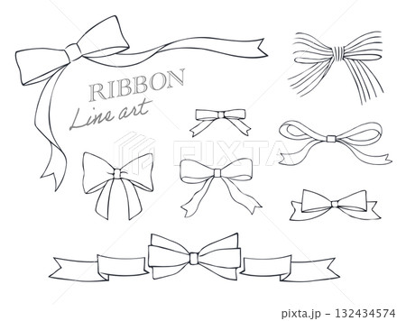 かわいいシンプルリボンの手描きイラストセット かわいいシンプルリボンの手描きイラストセット 132434574