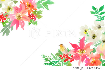 水彩で描いたポインセチアとアネモネ、柊のクリスマス用背景イラスト 水彩で描いたポインセチアとアネモネ、柊のクリスマス用背景イラスト 132434575