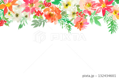 ポインセチア、バラ、アネモネ、柊の背景用ベクターイラスト 132434601