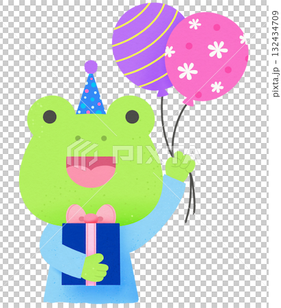 Cute frog wearing a fun party hat celebrating with a gift box and balloon Cute frog wearing a fun party hat celebrating with a gift box and balloon 132434709