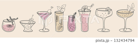 Whimsical Cocktail Hand-Drawn Set 132434794