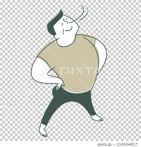 A man facing right, breathing with his hands on his hips 132434817