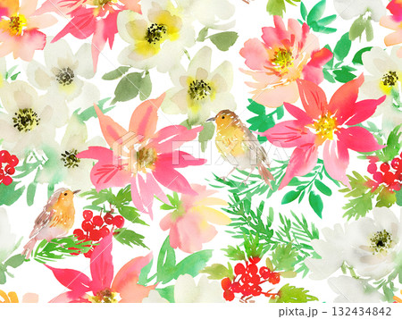水彩手書きのポインセチア、アネモネ、柊、鳥の背景透過シームレスパターン。クリスマスのボタニカル柄。 132434842