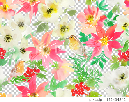 水彩手書きのポインセチア、アネモネ、柊、鳥の背景透過シームレスパターン。クリスマスのボタニカル柄。 132434842