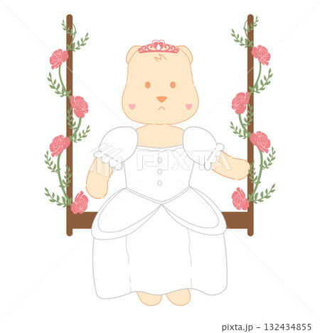Cute Cartoon Princess Bear on Rose-Covered Swing 132434855