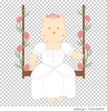 Cute Cartoon Princess Bear on Rose-Covered Swing 132434855