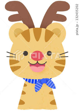 Tiger cub in a holiday spirit wearing reindeer ears and enjoying party Tiger cub in a holiday spirit wearing reindeer ears and enjoying party 132435202