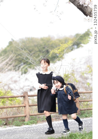 桜と入園式を迎えた3歳の女の子と9歳の姉 桜と入園式を迎えた3歳の女の子と9歳の姉 132435739