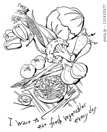新鮮野菜ピーマン、トマト、とうもろこし、ブロッコリーとサラダの線画イラスト 132435977