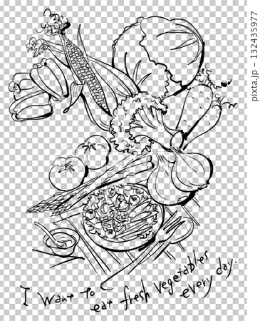 新鮮野菜ピーマン、トマト、とうもろこし、ブロッコリーとサラダの線画イラスト 132435977
